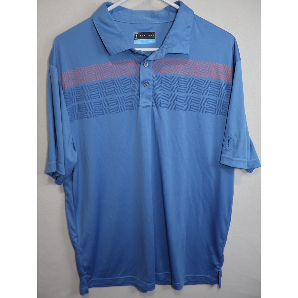 PGA Tour Mens Blue Geometric Chevron Print Golf Polo Shirt Large Short Sleeve